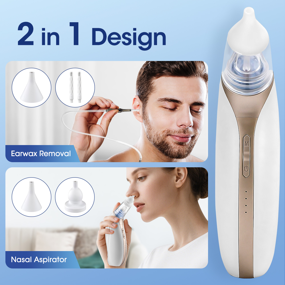 Nasal Aspirator - เครื่องดูดน้ำมันหูและจมูกไฟฟ้า สำหรับผู้ใหญ่และเด็ก ใช้สำหรับทำความสะอาดหูและจมูก สำหรับการว่ายน้ำ โรคติดเชื้อในหู และกำจัดขี้หูด้วยระบบสุญญากาศ